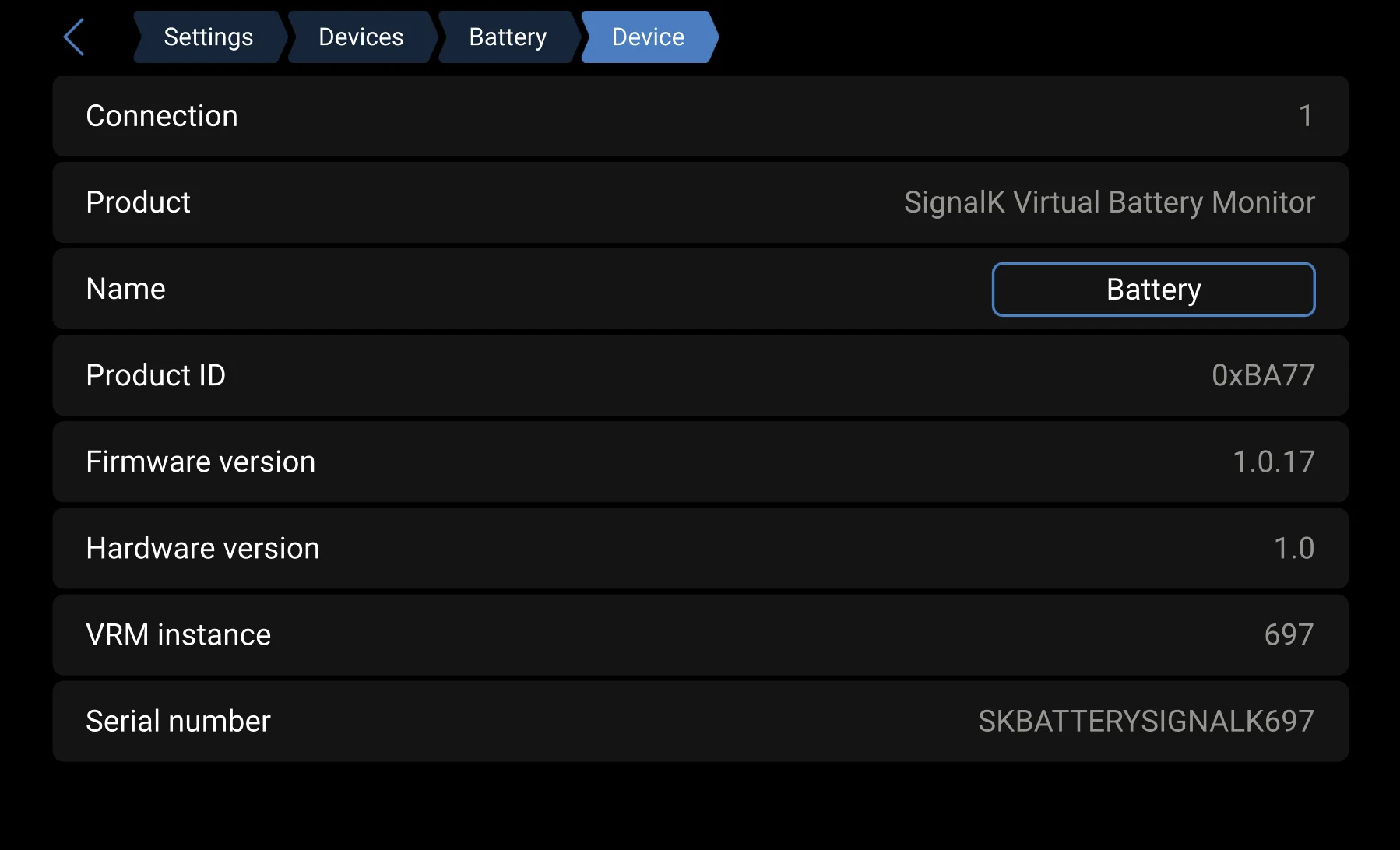 Signal K Virtual Battery Monitor Device