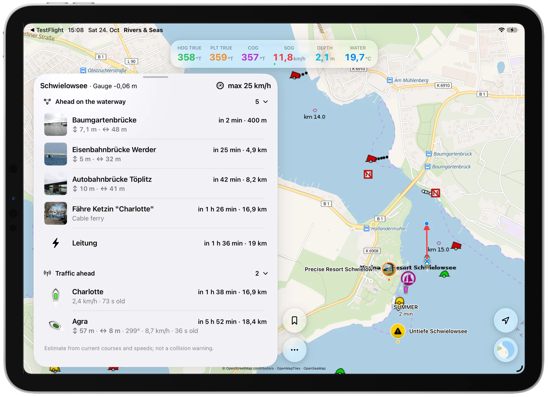 Rivers & Seas on iPad: a map of Schwielowsee beside upcoming bridges, a cable ferry and vessel traffic, with live boat instruments and an autopilot heading arrow