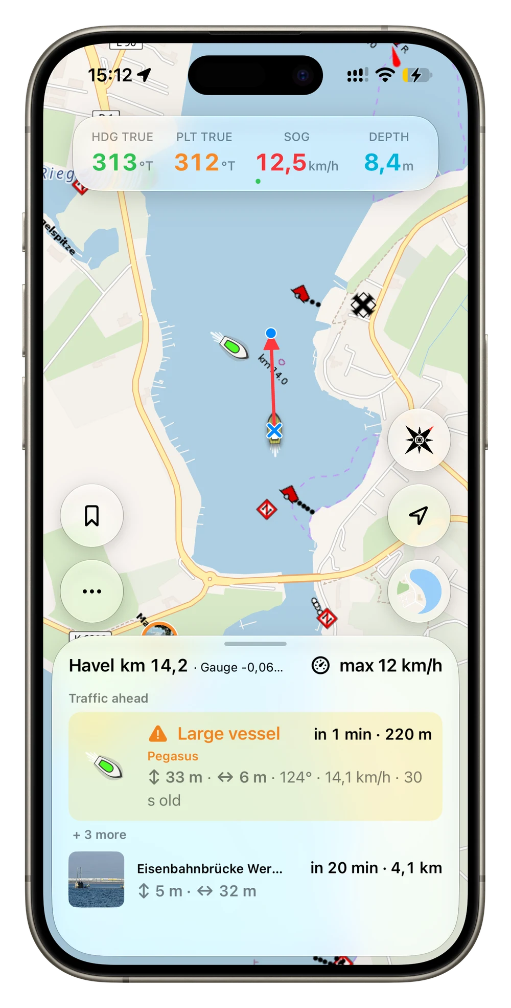 Rivers & Seas on iPhone: Havel map, nearby vessel traffic, the next bridge, live heading, speed and depth, and the selected autopilot heading