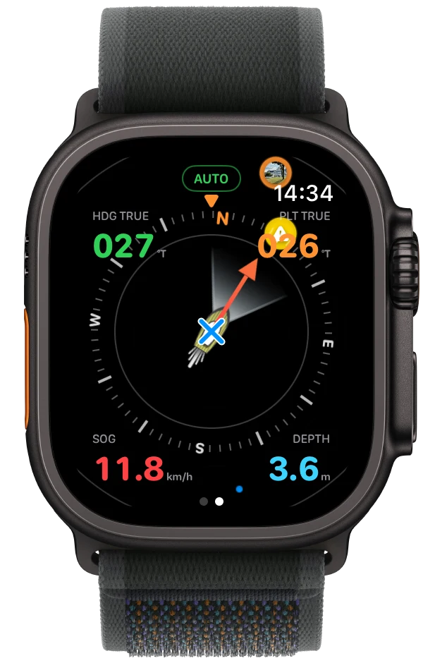 Rivers & Seas on Apple Watch Ultra: Auto mode, actual and selected heading, speed and water depth around a compass display